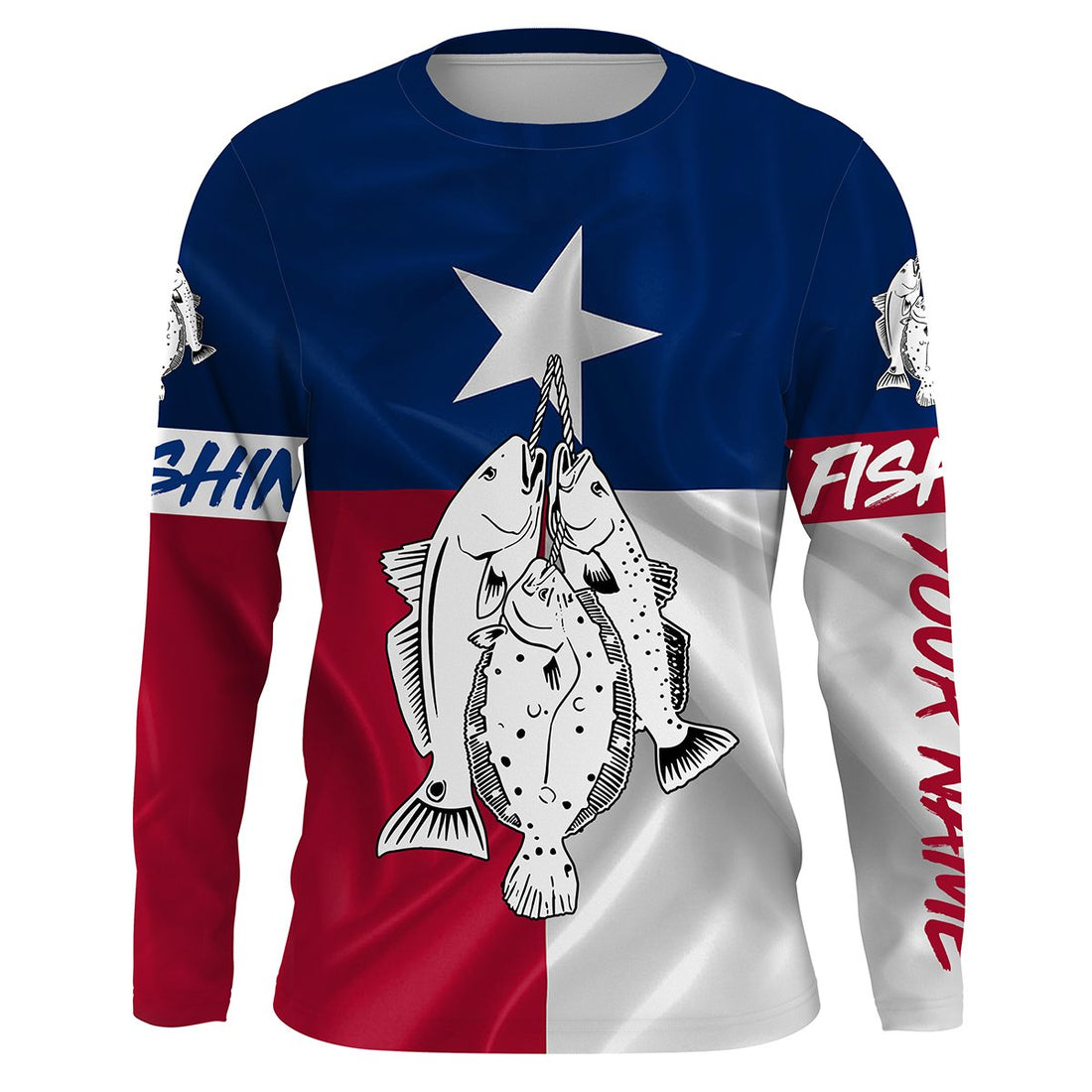 Texas slam redfish, speckled trout, flounder fishing Texas flag patriotic Custom name UV protection performance fishing NQS2618