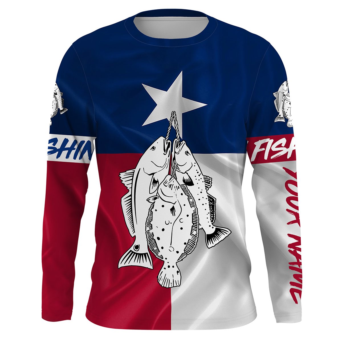 Texas slam redfish, speckled trout, flounder fishing Texas flag patriotic Custom name UV protection performance fishing NQS2618