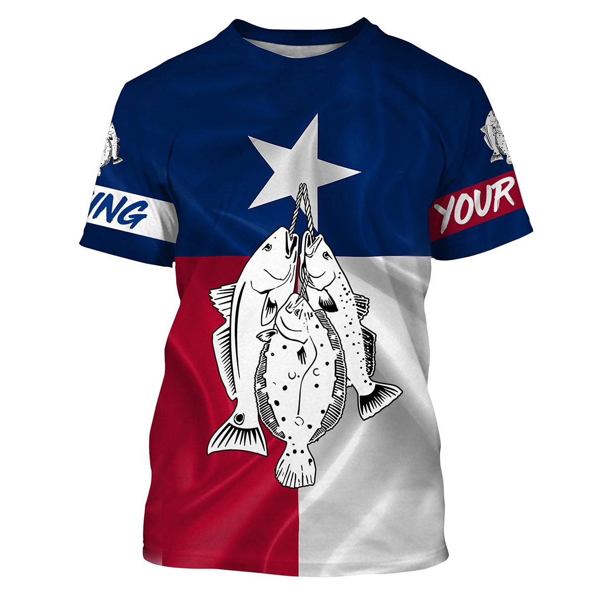 Texas slam redfish, speckled trout, flounder fishing Texas flag patriotic Custom name UV protection performance fishing NQS2618