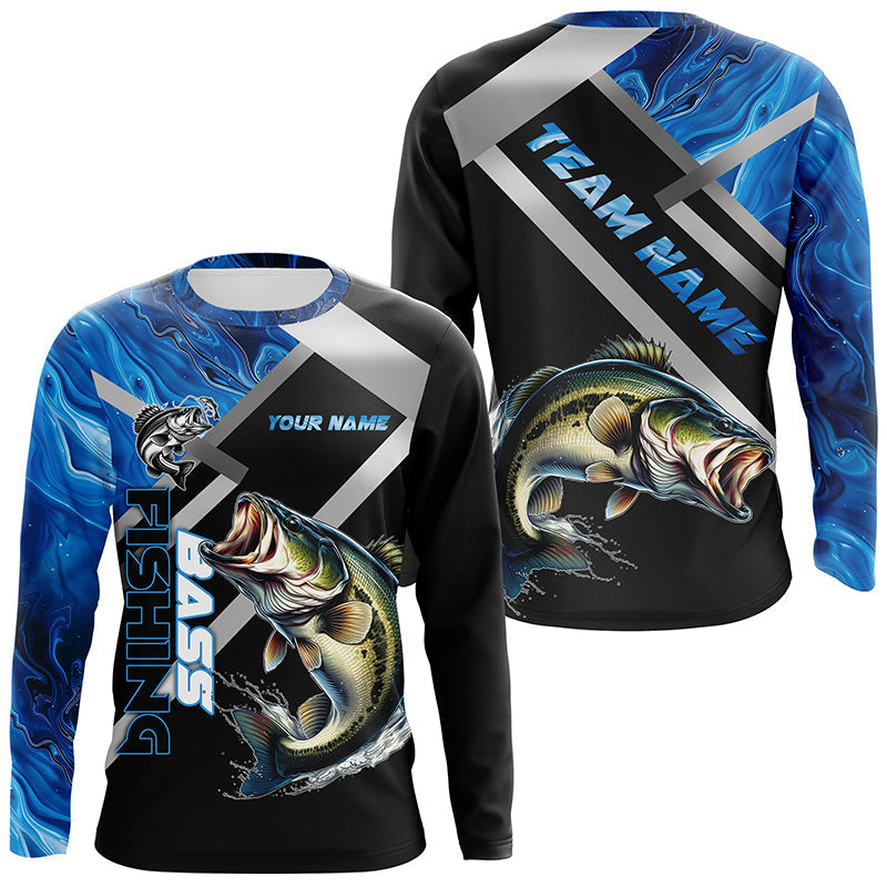Personalized blue camo Largemouth Bass Long Sleeve Fishing, Bass Tournament Fishing NQS7465