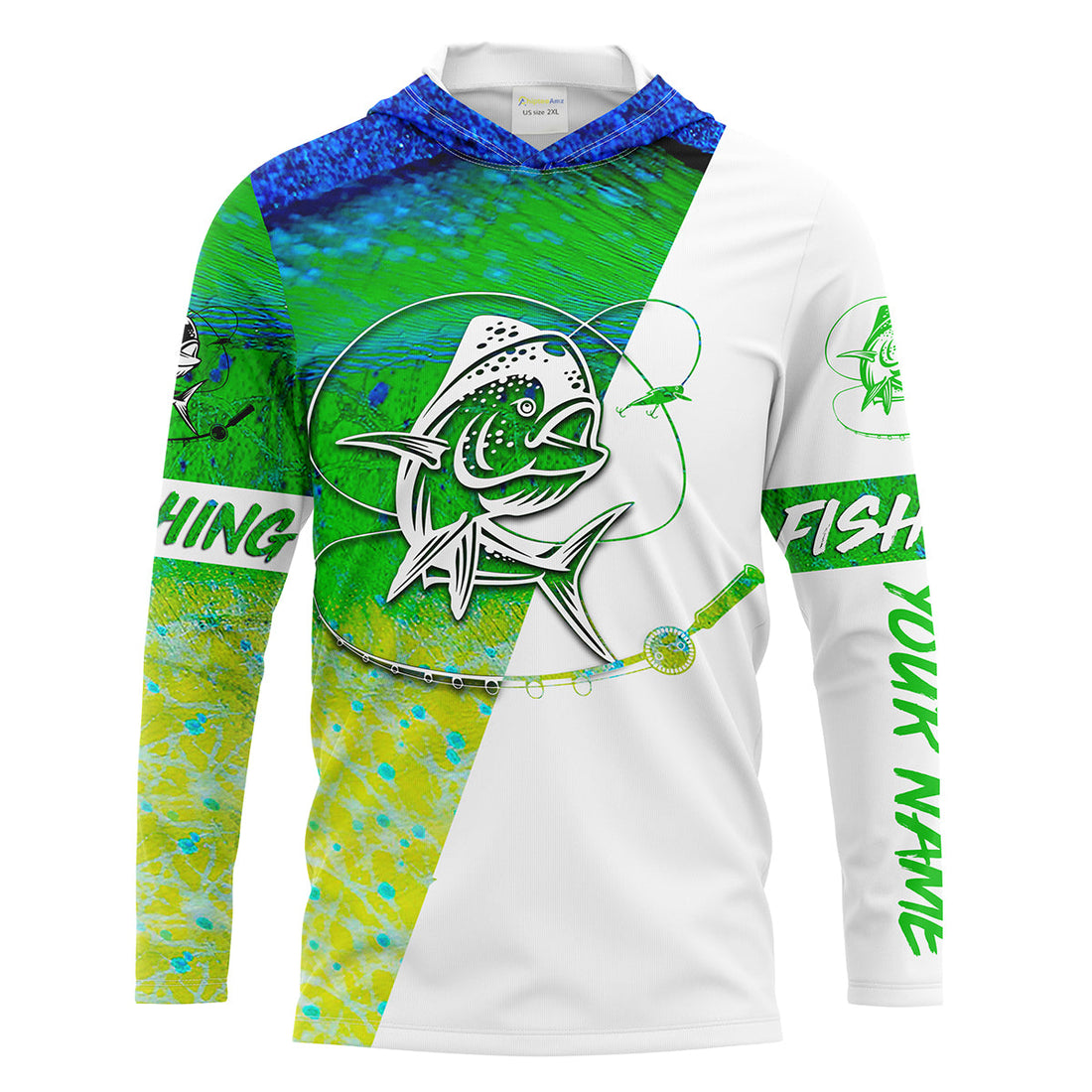 Mahi - mahi fishing tattoo green Customize Name UV protection UPF 30+ long sleeves saltwater fishing NQS1955