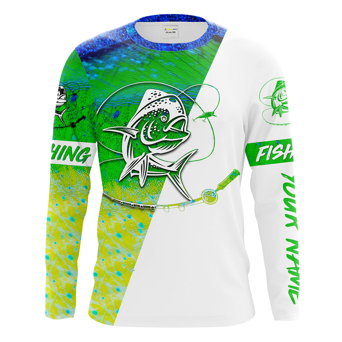 Mahi - mahi fishing tattoo green Customize Name UV protection UPF 30+ long sleeves saltwater fishing NQS1955