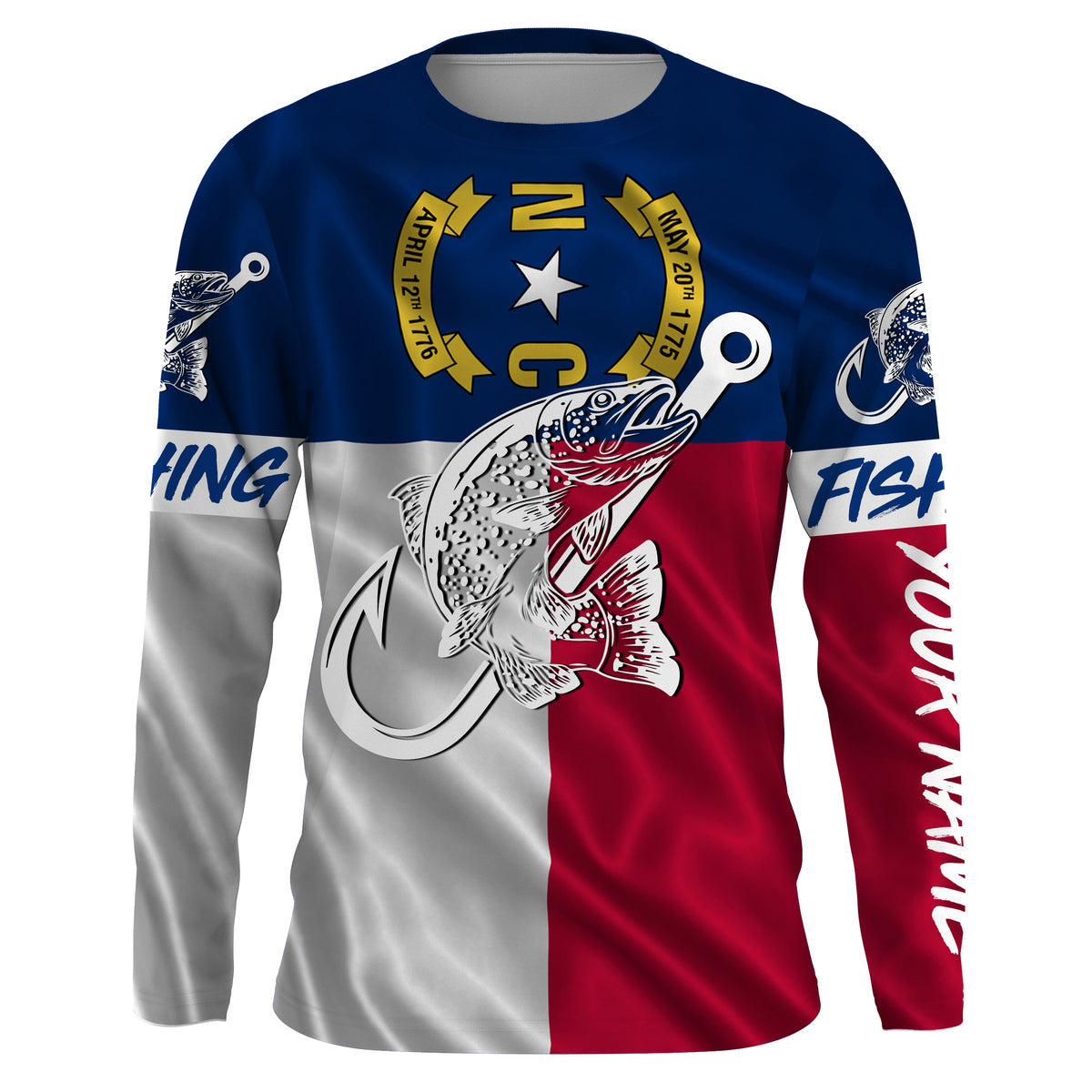 Trout fishing NC North Carolina flag custom name UV sun protection UPF 30+ performance fishing NQS3609