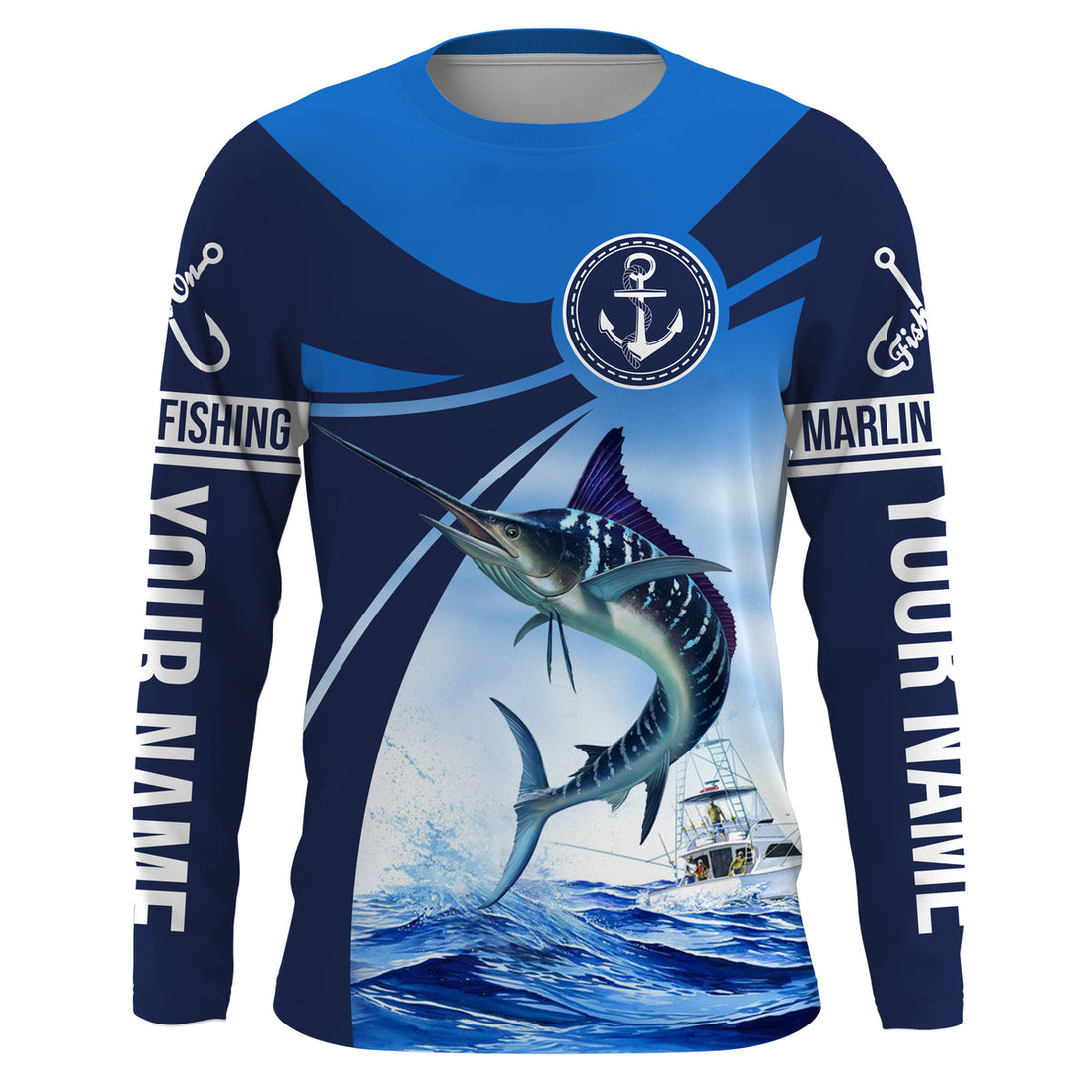 Marlin fishing blue sea underwater ocean saltwater Custom Name performance long sleeve fishing NQS3744