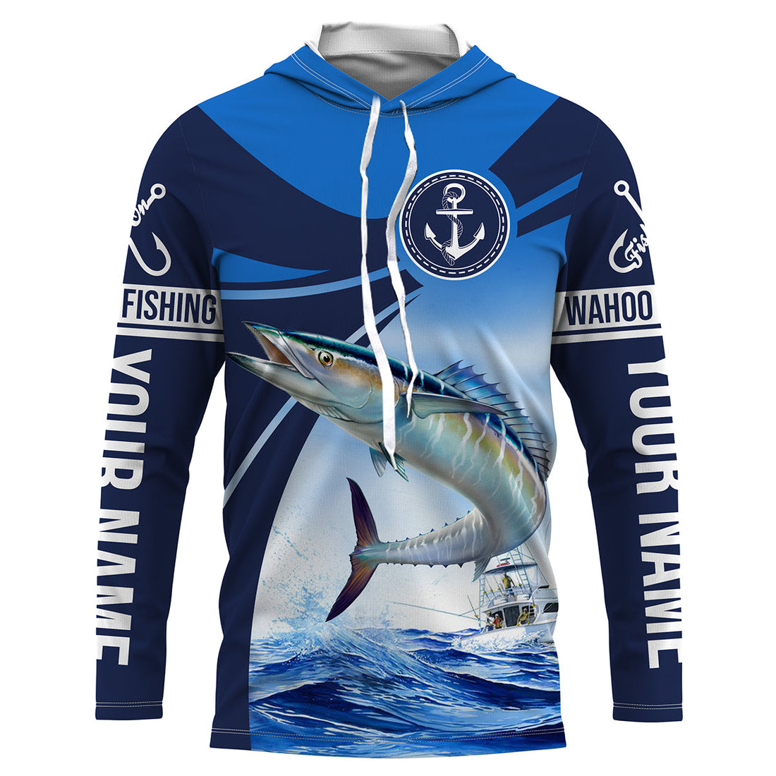 Wahoo fishing blue sea underwater ocean saltwater Custom Name performance long sleeve fishing NQS3745