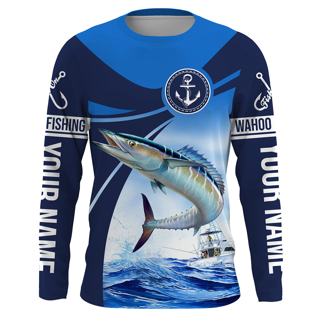 Wahoo fishing blue sea underwater ocean saltwater Custom Name performance long sleeve fishing NQS3745