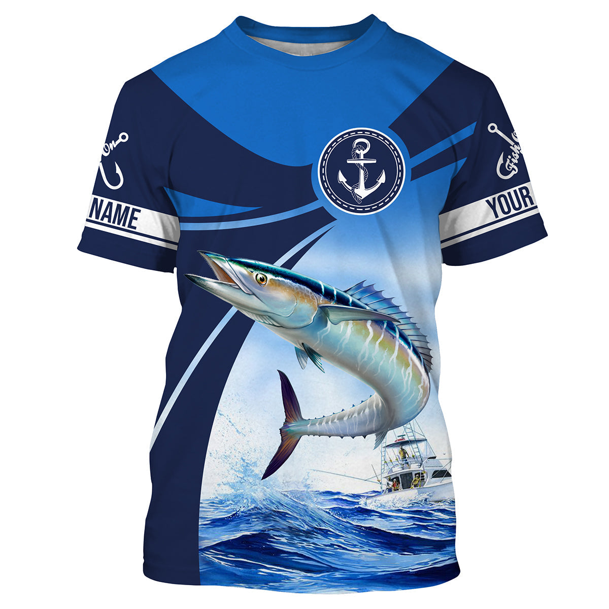 Wahoo fishing blue sea underwater ocean saltwater Custom Name performance long sleeve fishing NQS3745