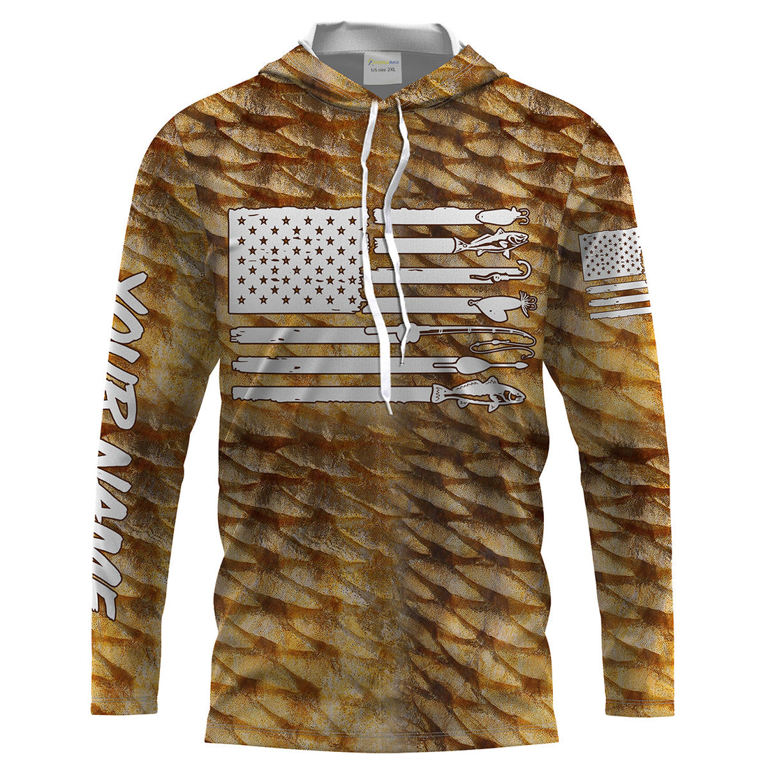Redfish puppy drum Fishing American flag patriotic Customize Name long sleeves fishing UPF 30+ NQS2220