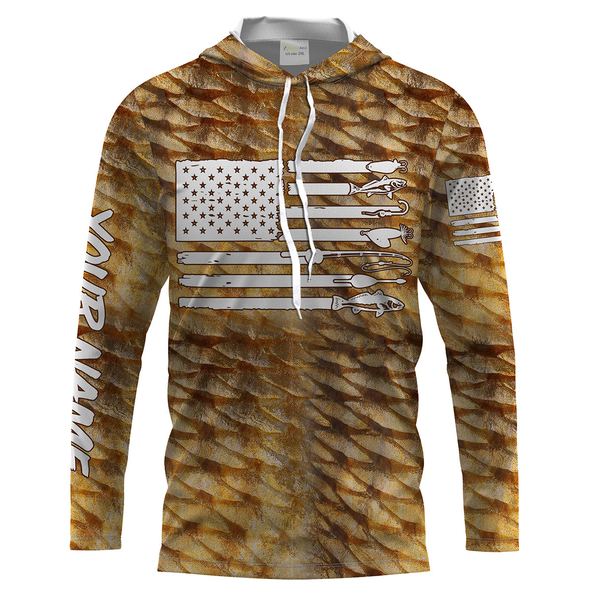Redfish puppy drum Fishing American flag patriotic Customize Name long sleeves fishing UPF 30+ NQS2220