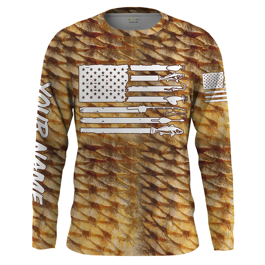 Redfish puppy drum Fishing American flag patriotic Customize Name long sleeves fishing UPF 30+ NQS2220