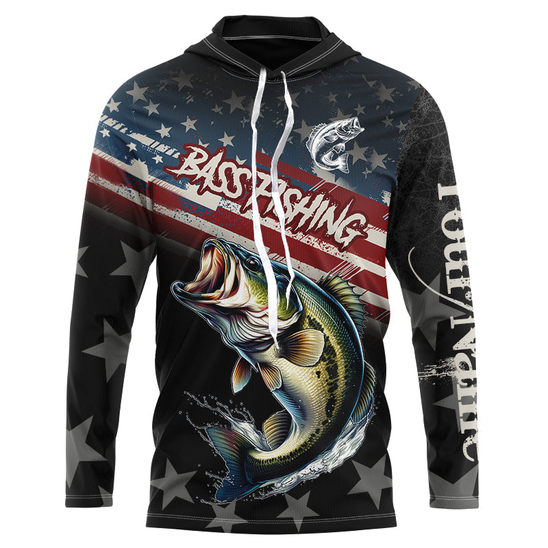 Largemouth Bass Fishing American Flag Custom black camo patriotic fishing long sleeve NQS8736
