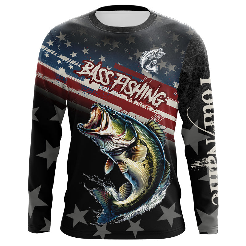 Largemouth Bass Fishing American Flag Custom black camo patriotic fishing long sleeve NQS8736