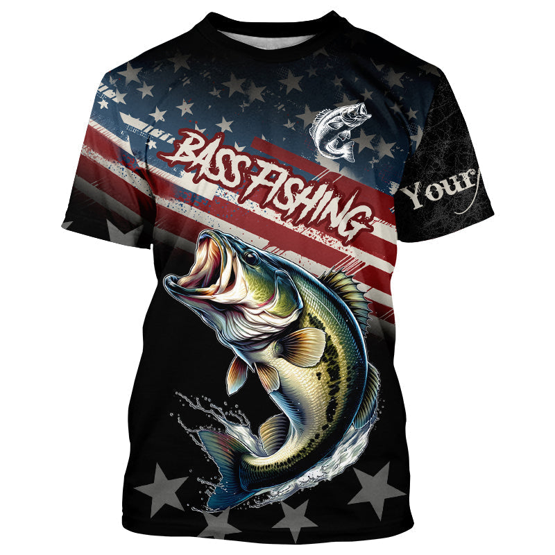Largemouth Bass Fishing American Flag Custom black camo patriotic fishing long sleeve NQS8736