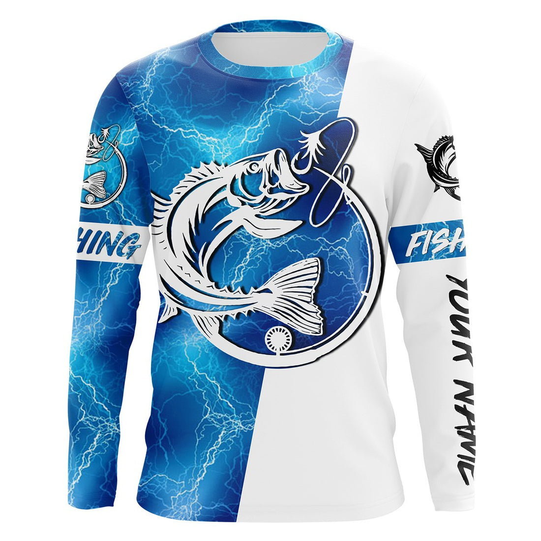 Bass Fishing tattoo blue lightning Customized Name Fishing performance apparel NQS2644