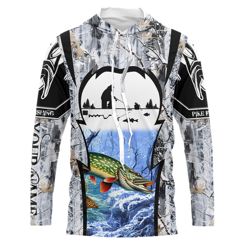 Northern Pike ice fishing Winter camo custom unisex Long sleeve fishing, Ice fishing Pike NQS9192