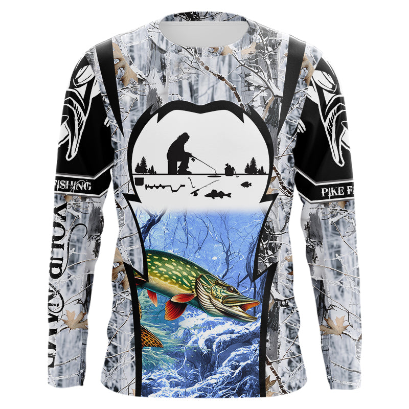 Northern Pike ice fishing Winter camo custom unisex Long sleeve fishing, Ice fishing Pike NQS9192