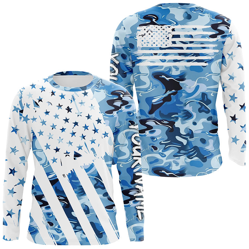 American flag Blue camo fishing personalized patriotic UV Protection camouflage Fishing NQS8969