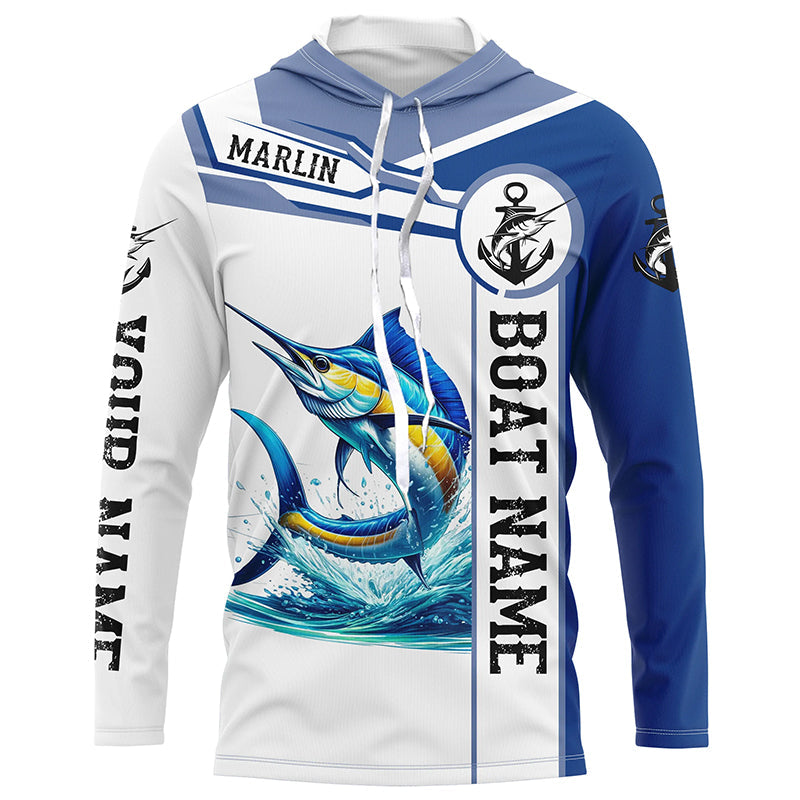 Blue and white Marlin fishing UV protection Customize name and boat name long sleeves fishing NQS1842