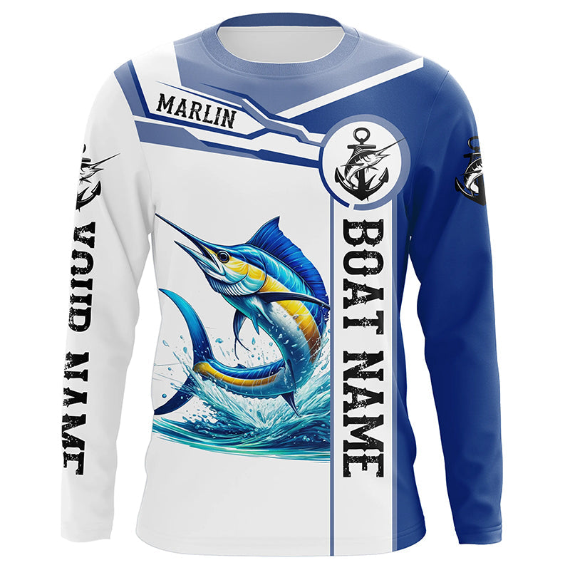 Blue and white Marlin fishing UV protection Customize name and boat name long sleeves fishing NQS1842