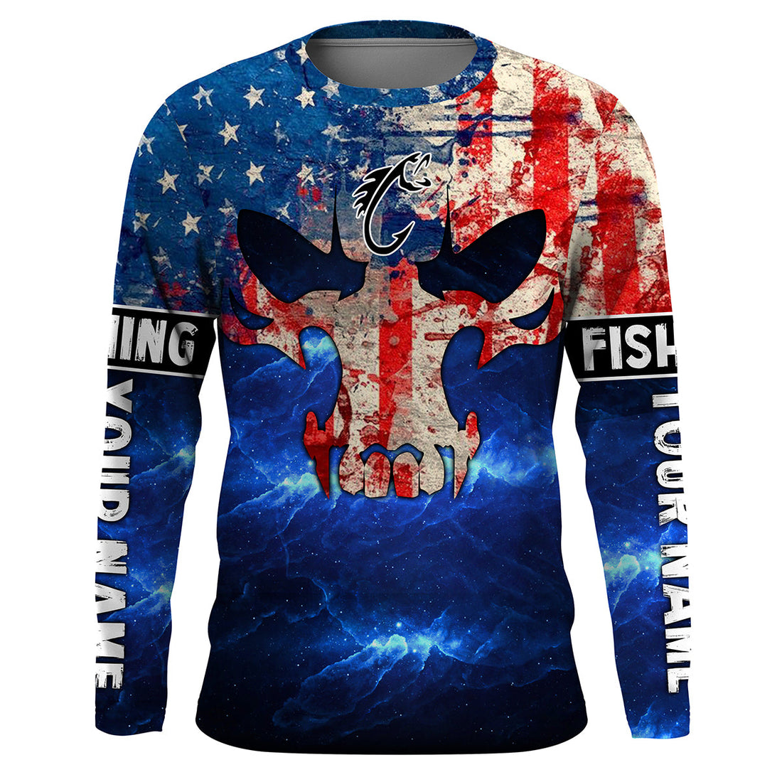 American Flag Fish reaper blue galaxy Custom Long sleeve UV, personalized Patriotic Fishing gifts NQS2389