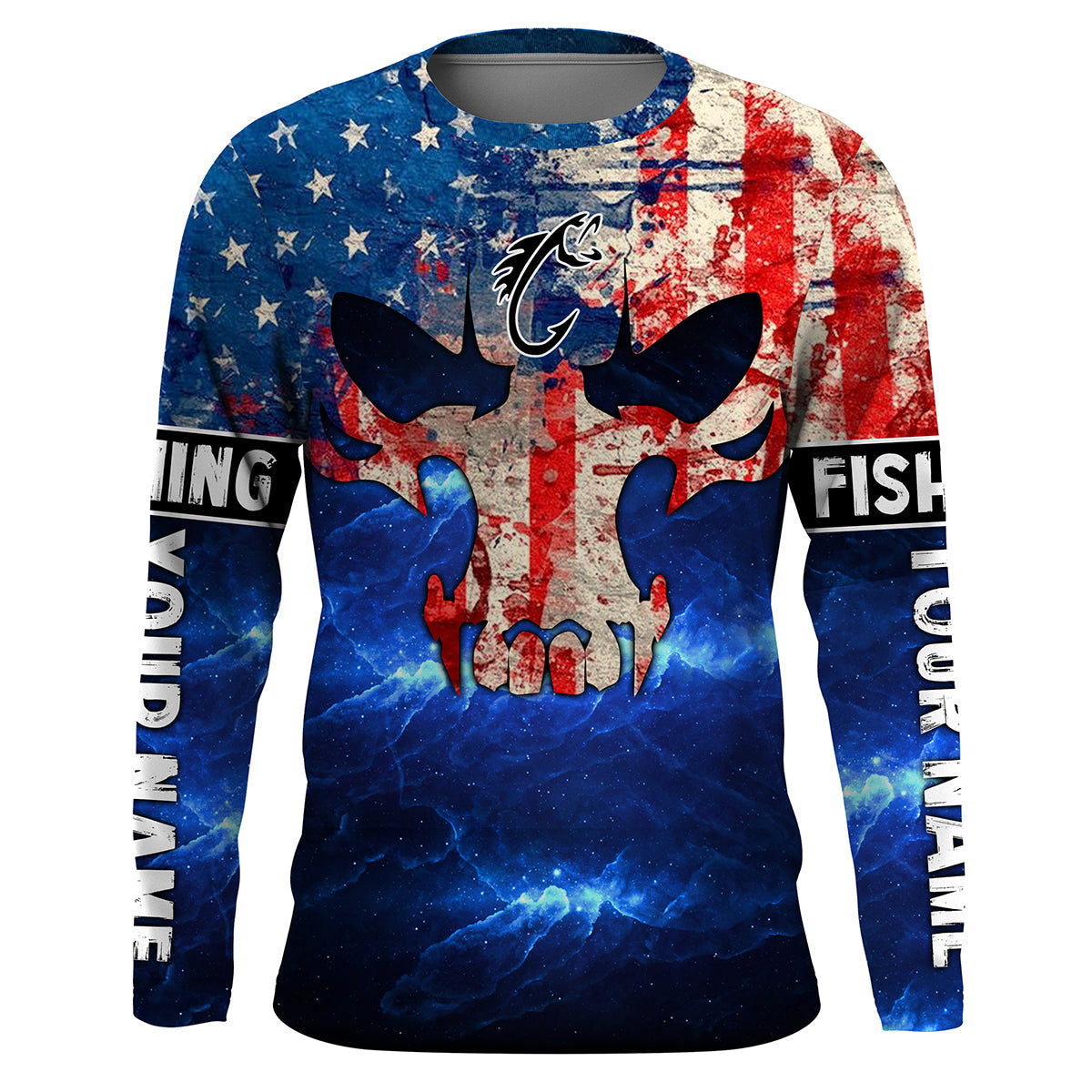American Flag Fish reaper blue galaxy Custom Long sleeve UV, personalized Patriotic Fishing gifts NQS2389