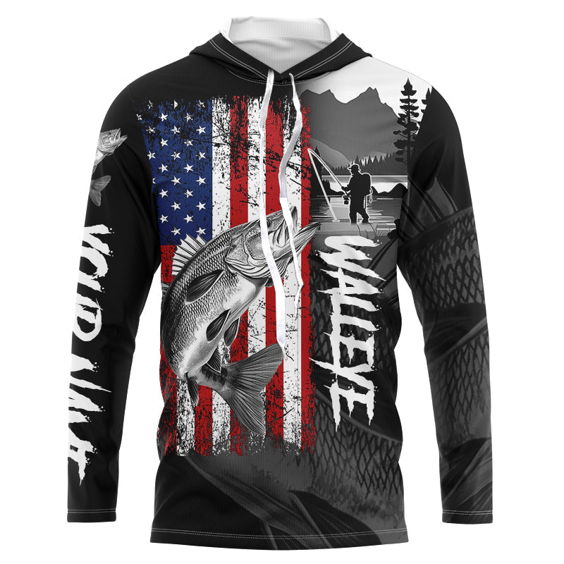 American Flag Walleye Fishing Custom long sleeve performance Fishing, Walleye fishing NQS8979