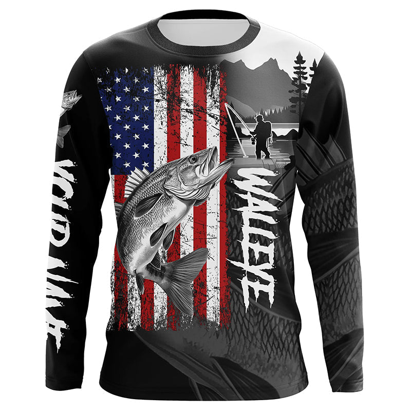 American Flag Walleye Fishing Custom long sleeve performance Fishing, Walleye fishing NQS8979