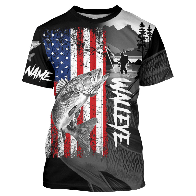 American Flag Walleye Fishing Custom long sleeve performance Fishing, Walleye fishing NQS8979