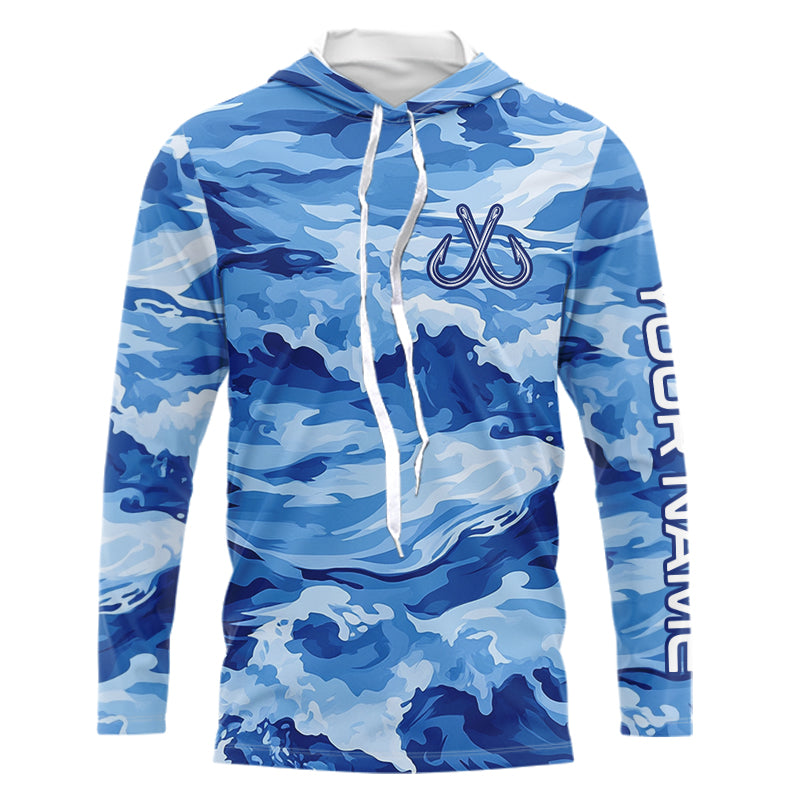Blue Sea Wave Camo Fish hook custom name long sleeve fishing, camo fishing NQS9220