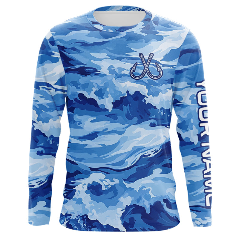 Blue Sea Wave Camo Fish hook custom name long sleeve fishing, camo fishing NQS9220