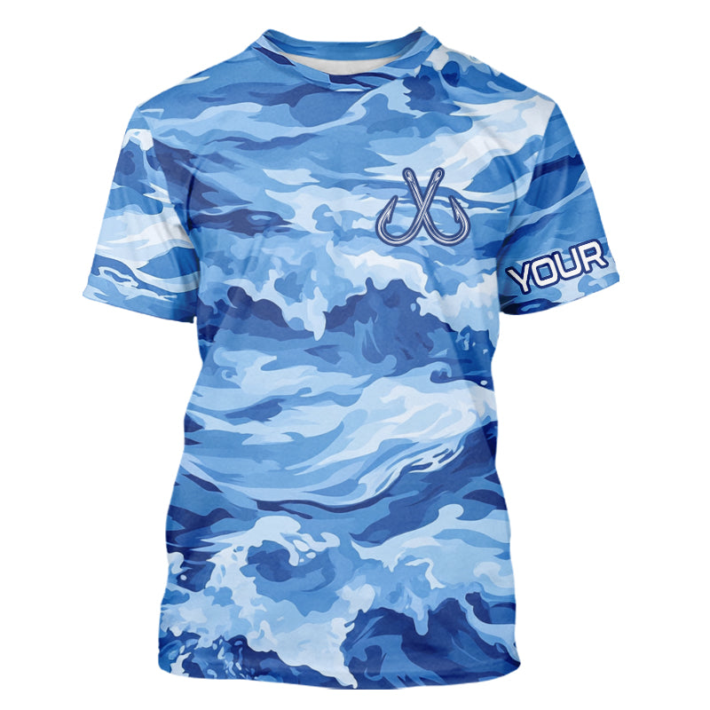 Blue Sea Wave Camo Fish hook custom name long sleeve fishing, camo fishing NQS9220