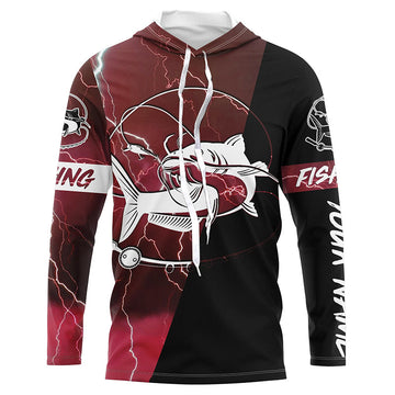 Catfish Fishing tattoo red camo lightning black Custom name performance long sleeve fishing NQS5292
