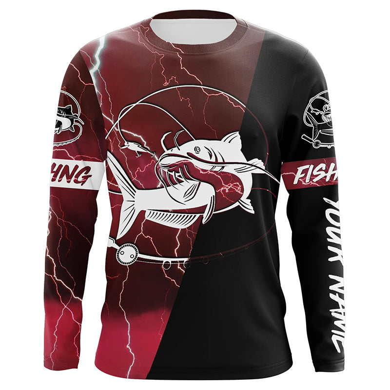 Catfish Fishing tattoo red camo lightning black Custom name performance long sleeve fishing NQS5292