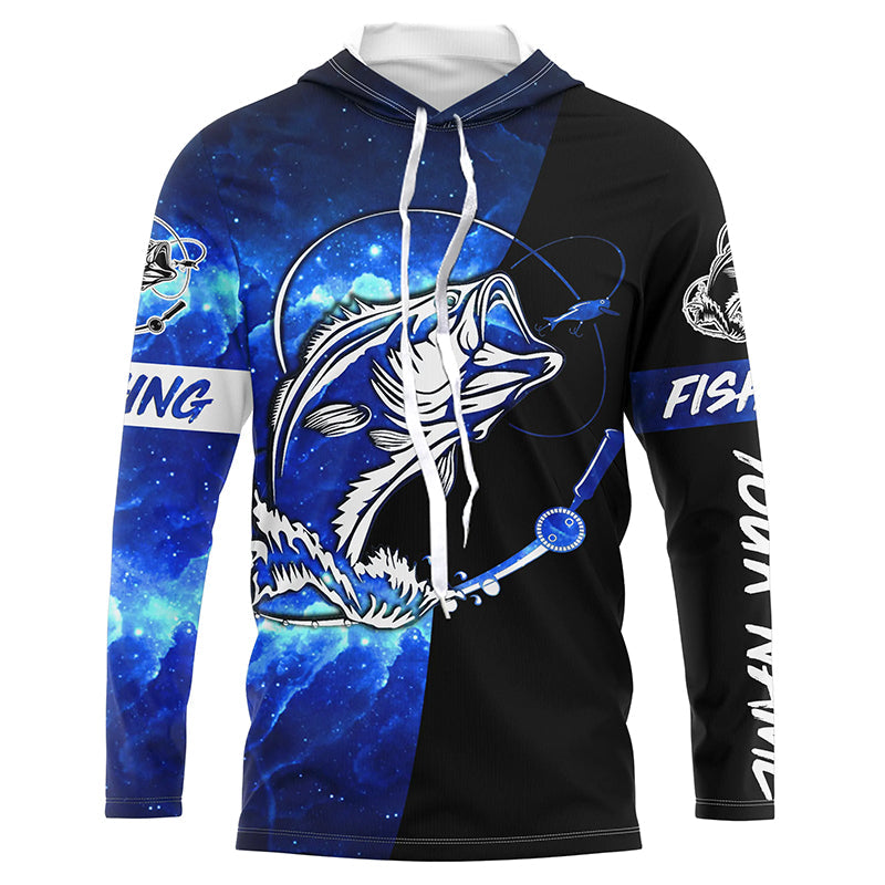 Bass Fishing tattoo blue galaxy black Custom name performance UV protection long sleeve fishing NQS5293