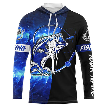 Bass Fishing tattoo blue galaxy black Custom name performance UV protection long sleeve fishing NQS5293