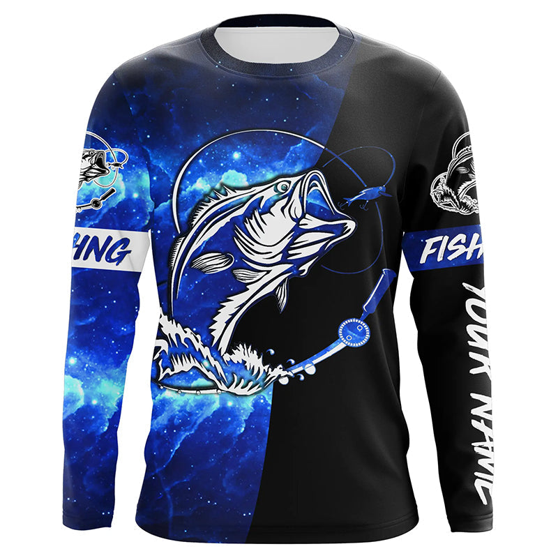 Bass Fishing tattoo blue galaxy black Custom name performance UV protection long sleeve fishing NQS5293