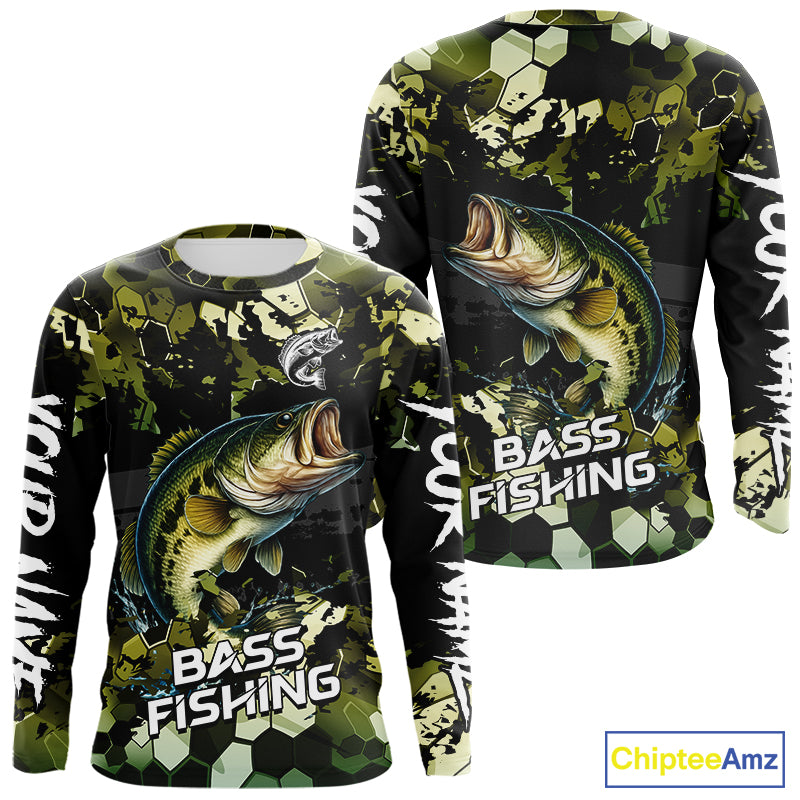 Green Camo Largemouth Bass fishing sun custom name fishing long sleeve uv protection