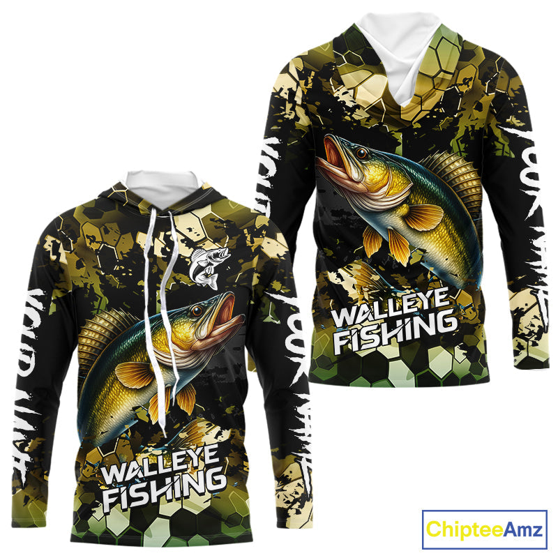 Yellow Camo Walleye fishing sun custom name fishing long sleeve uv protection