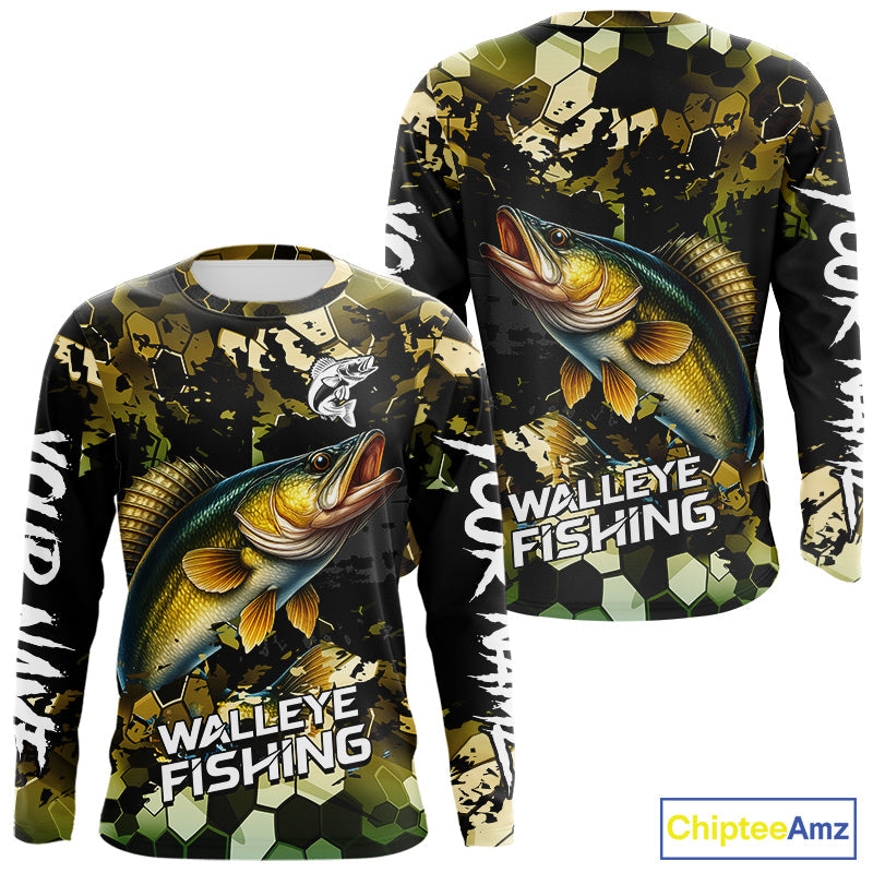 Yellow Camo Walleye fishing sun custom name fishing long sleeve uv protection