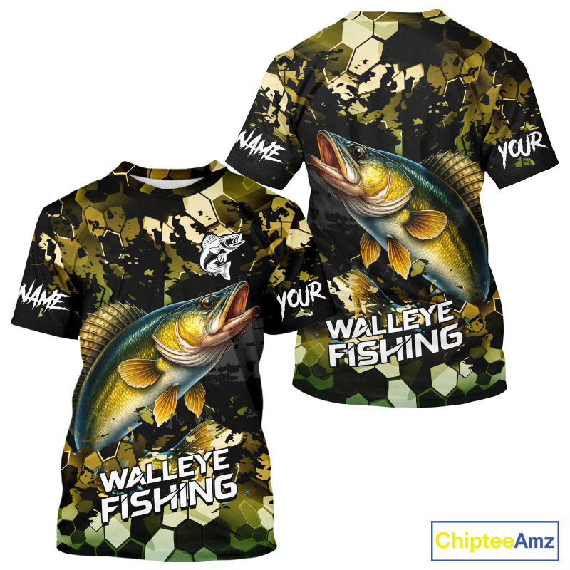 Yellow Camo Walleye fishing sun custom name fishing long sleeve uv protection