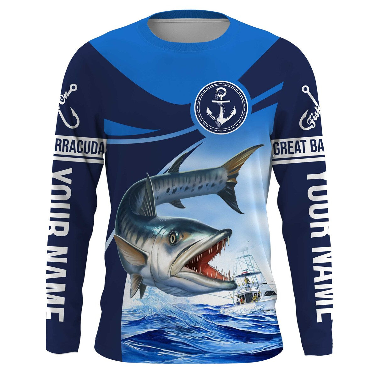 Great barracuda fishing blue sea underwater ocean Custom Name performance long sleeve fishing NQS3779