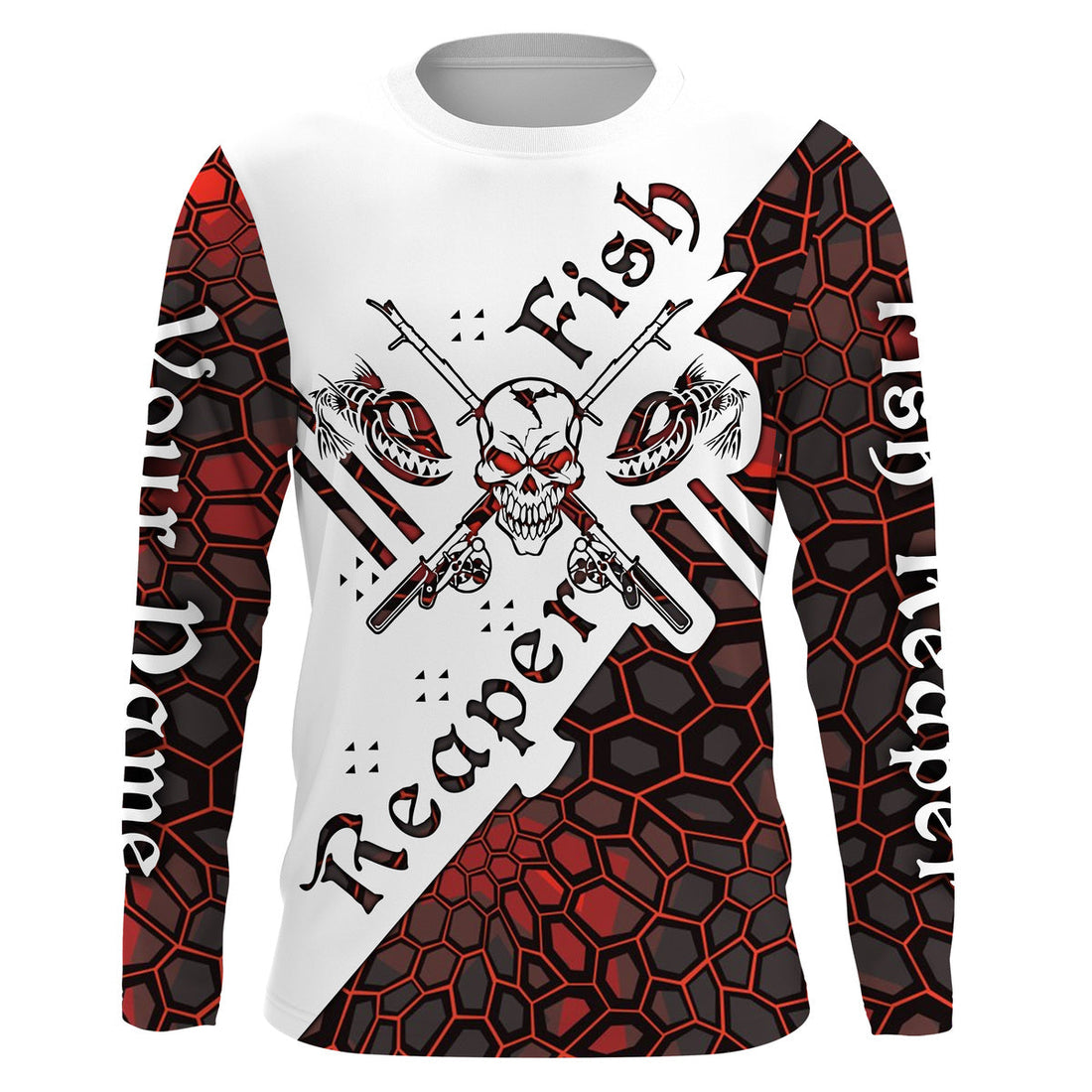 Fish reaper skull Custom Long Sleeve Performance Fishing, Skull Fishing | red camo NQS3798