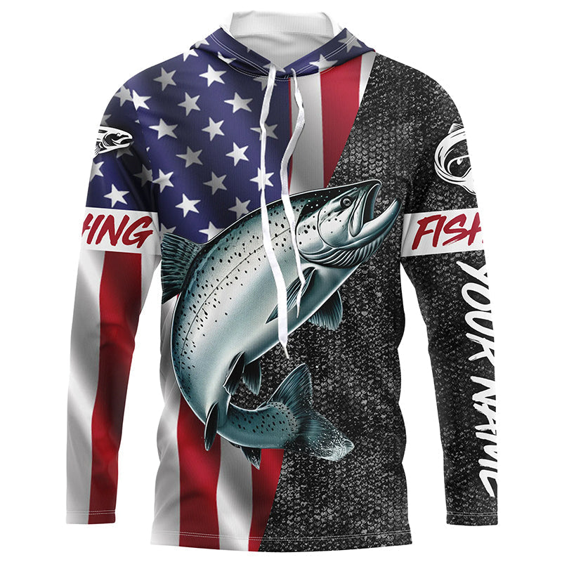 American Flag Salmon Fishing Custom long sleeve performance Fishing, Salmon Fishing NQS7883