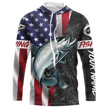 American Flag Salmon Fishing Custom long sleeve performance Fishing, Salmon Fishing NQS7883