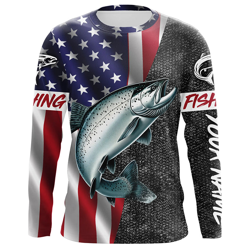 American Flag Salmon Fishing Custom long sleeve performance Fishing, Salmon Fishing NQS7883