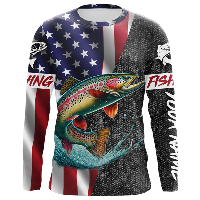 American Flag Rainbow trout Fishing Custom long sleeve performance Fishing, Trout Fishing NQS7884