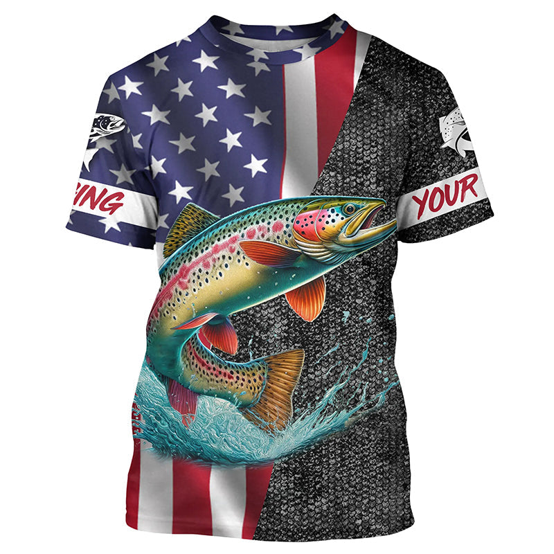 American Flag Rainbow trout Fishing Custom long sleeve performance Fishing, Trout Fishing NQS7884