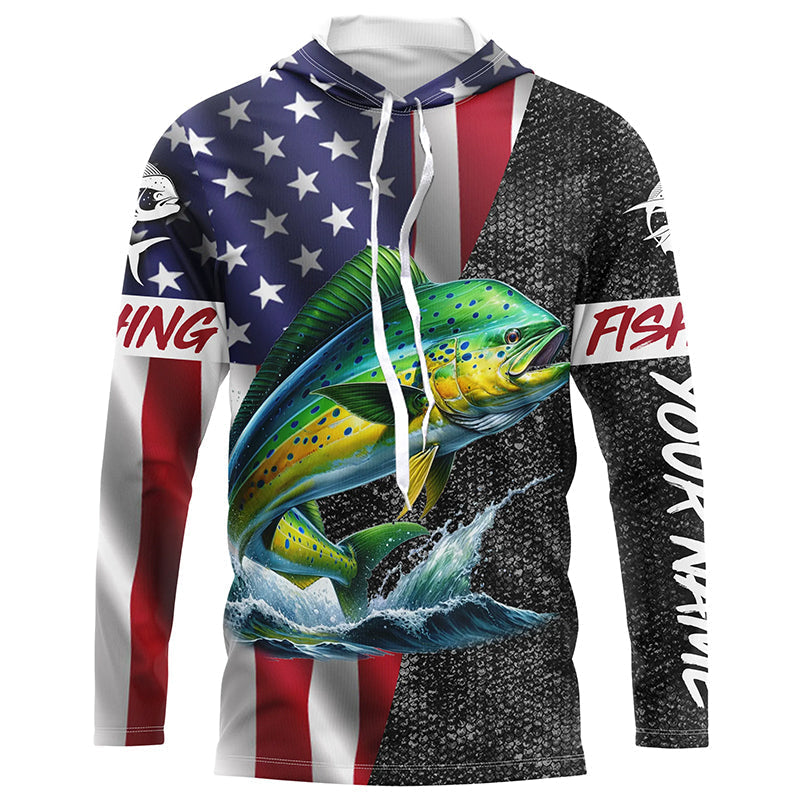 American Flag Mahi Mahi Fishing Custom long sleeve performance Fishing, Dorado Fishing NQS7885