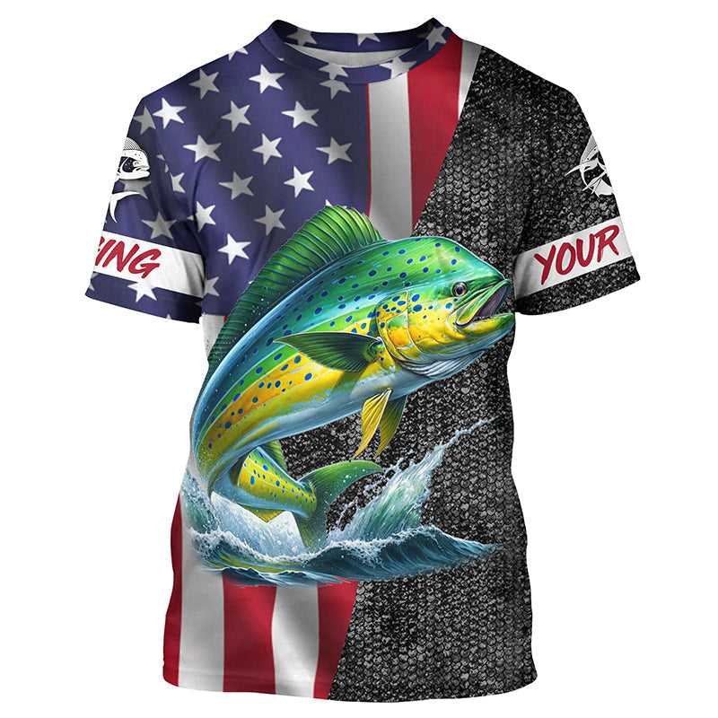 American Flag Mahi Mahi Fishing Custom long sleeve performance Fishing, Dorado Fishing NQS7885