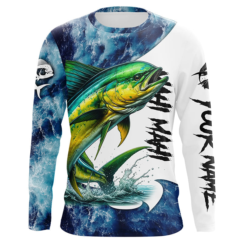 Mahi Mahi Fishing blue ocean sea wave camo Custom long sleeve performance fishing NQS7886